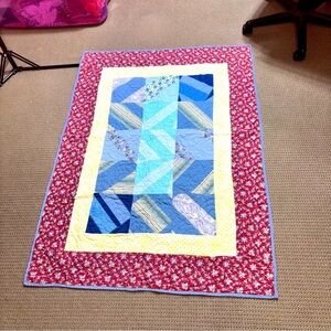 Patchwork Quilt with Red and Blue Accents Machine Homemade 55x40" Cabin Boho